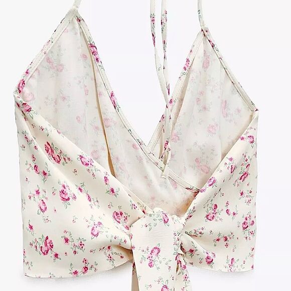 Zara Halter Floral Shirt Wrap Front Tie Back Crop Top Size M - Picture 4 of 10